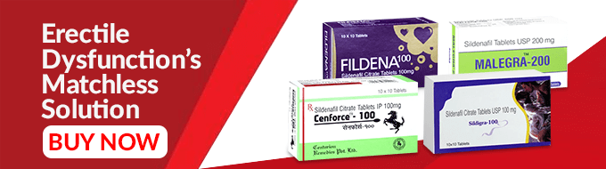 Sildenafil tablets collection including Fildena 100, Malegra 200, Cenforce 100, and Silagra 100 for ED support