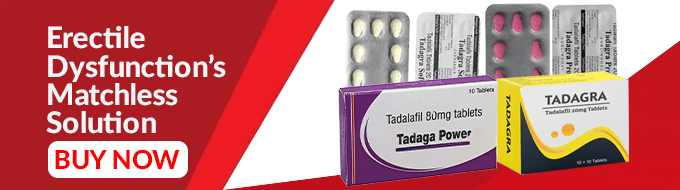 Tadaga Power and Tadagra tablets containing Tadalafil displayed with blister packs for erectile support