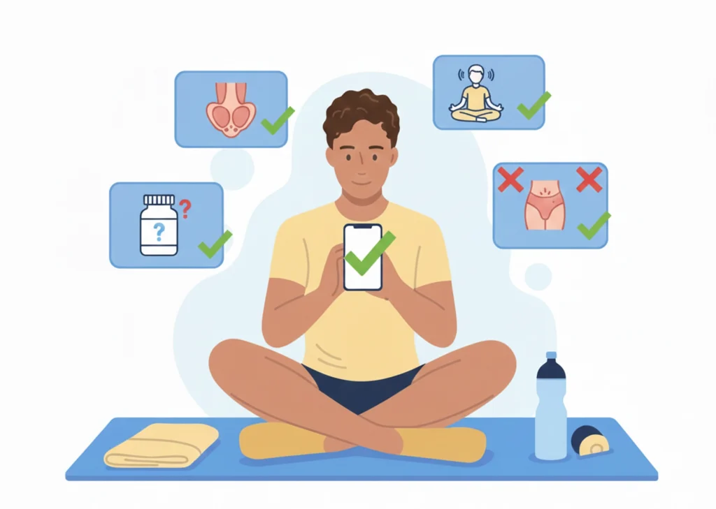 Man meditating while using a health app.