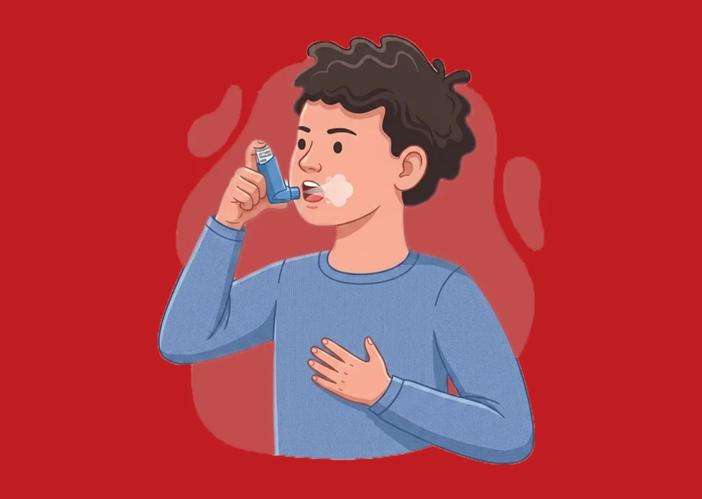 Treatment for severe asthma — boy using combination inhaler