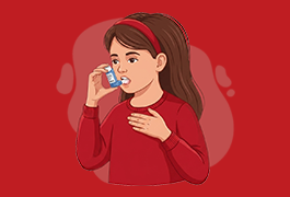 Treatment for severe asthma — girl using blue inhaler