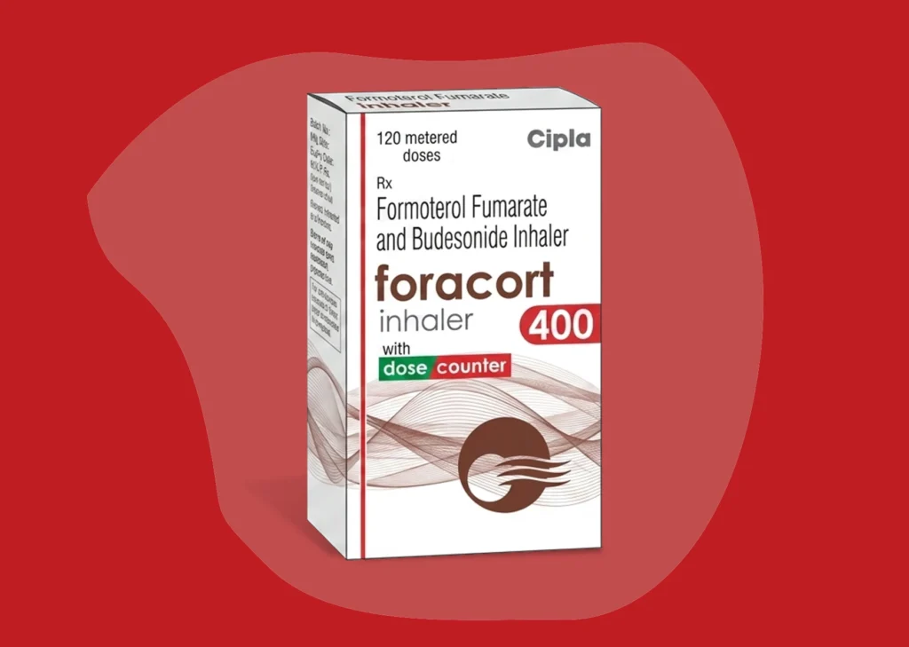Foracort Inhaler 6/400 mcg by Cipla with packaging box showing Formoterol Fumarate and Budesonide combination for asthma and COPD