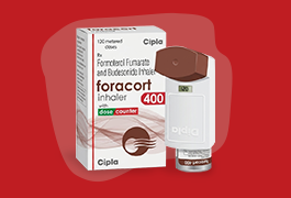 Foracort Inhaler 6/400 mcg packaging box by Cipla with 120 metered doses dose counter Formoterol Fumarate and Budesonide on red background