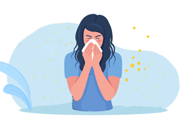Woman sneezing into tissue surrounded by pollen particles illustrating allergy-triggered respiratory symptoms
