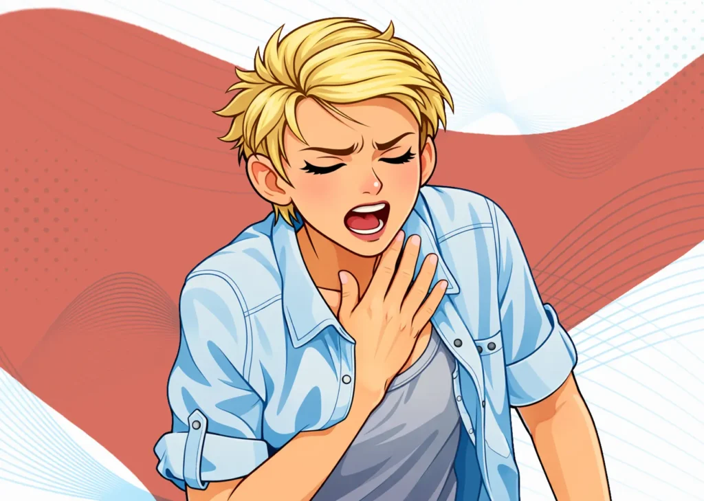 person experiencing chest tightness and difficulty breathing as a respiratory symptom of allergies