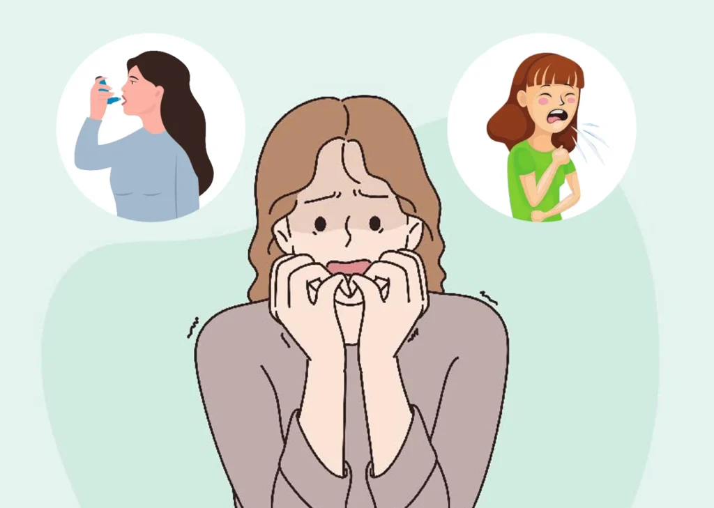 Illustration of a worried woman learning how to stay calm and breathe with COPD and asthma