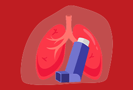 inhaler placed in front of red illustrated lungs symbolizing smart inhalers use for respiratory care and lung health monitoring