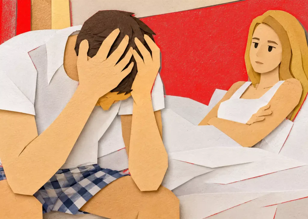 Erectile dysfunction in young men illustrated through a stressed man in his 30s