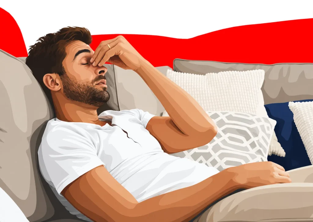 Hidden Health Factors Affecting Men's Energy and Stamina – man experiencing persistent fatigue and low energy while resting at home.