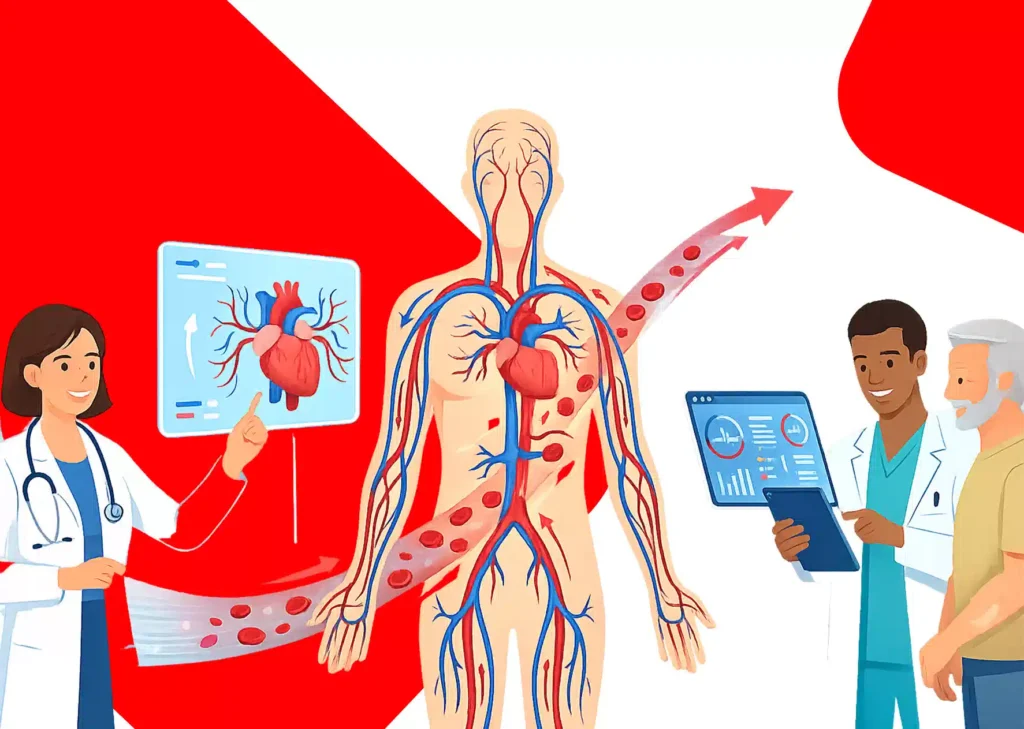 Better Blood Flow illustration showing the human circulatory system and doctors explaining healthy blood circulation