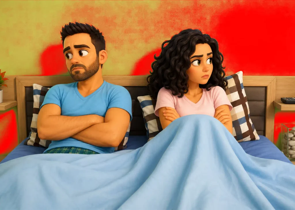 Sleep stress and sexual health illustration showing a stressed couple in bed