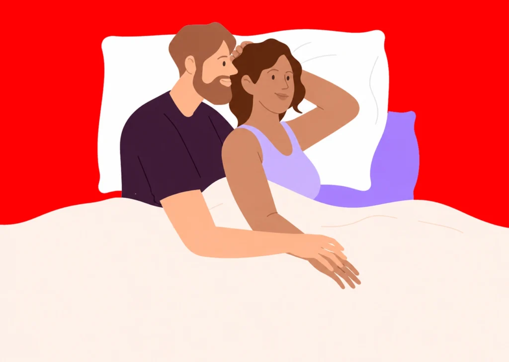 Illustration of a happy couple in bed representing improved sexual performance and intimacy