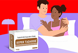 Illustration of a couple with Super Tadarise tablets representing sexual performance support