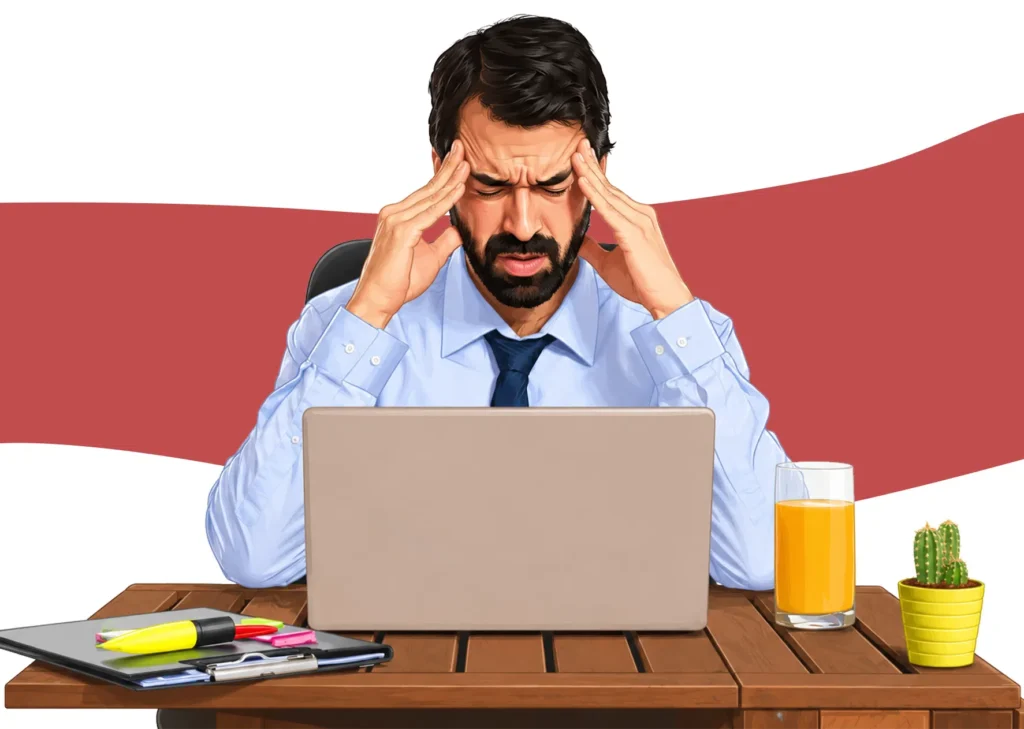 Stress and Men's Health concept featuring a professional man experiencing stress and mental strain while working on a laptop.