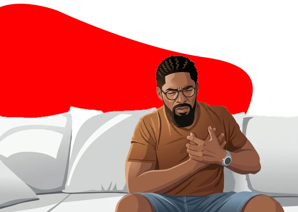 Health Signs illustration showing a man experiencing chest pain, highlighting an important warning sign of heart disease that should never be ignored.